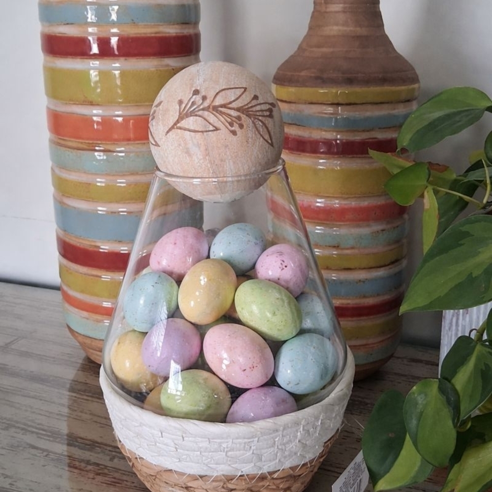 World Market Glass Vase with Tan Wood Ball Lid